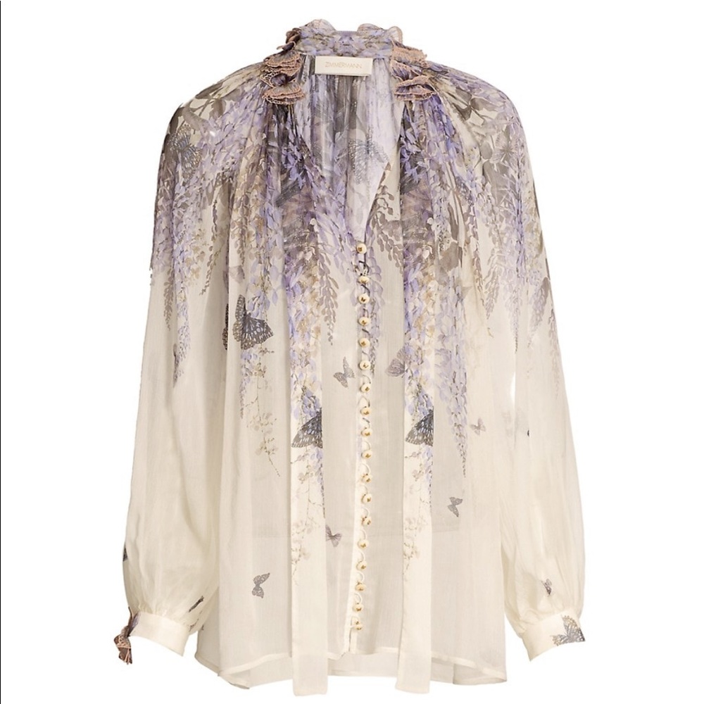 ISO of Zimmermann Wild Botanica Luminous Silk Lantern-Sleeve Blouse.